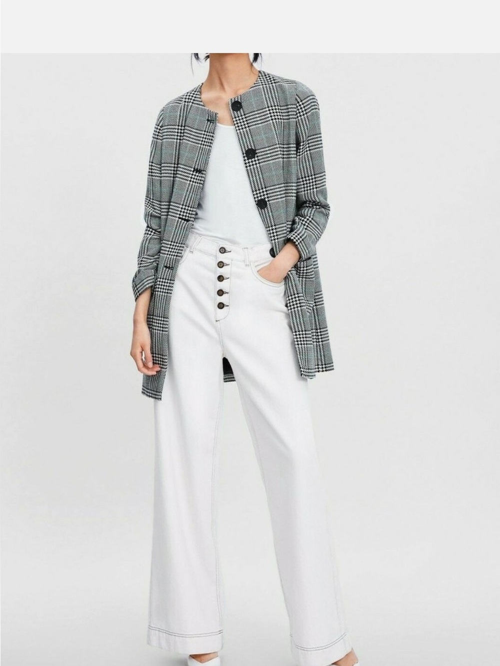 ZARA BLACK/ECRU/GREEN HOUNDSTOOTH COAT WITH ROUND NECK SIZE M - Picture 2 of 7